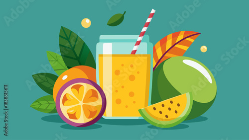 A refreshing glass of orange juice with a straw and a slice of watermelon on a plate. The juice is in a clear glass, and the watermelon is cut into small pieces. The scene is set on a blue table