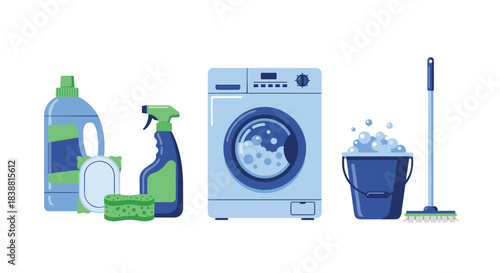 A practical household cleaning collection featuring detergent, spray cleaner, sponges, washing machine, bucket, and a mop, for home maintenance.