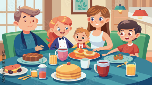 A family is sitting around a table with a variety of food and drinks. Scene is happy and warm, as everyone is enjoying their meal together