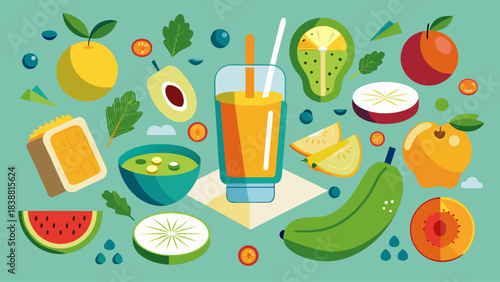 A colorful image of fruits and vegetables with a glass of juice in the middle. The juice is made from a variety of fruits and vegetables, including bananas, oranges, and apples