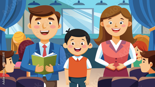 A man is reading a book to a boy in a classroom. The boy is smiling and the man is smiling as well. There are other people in the room, some of them are sitting and some are standing