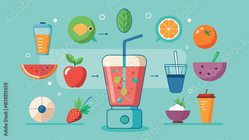 A colorful image of fruits and drinks, including a blender, a cup, and a bowl. The image conveys a healthy and refreshing mood, emphasizing the importance of consuming fresh fruits and vegetables