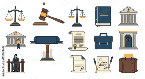 A comprehensive legal justice system collection with scales, gavel, law books, court buildings, documents, and a lawyer, representing law and order.