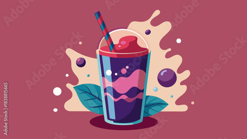 A colorful drink with a straw in a glass. The drink is purple and has a leaf on the side