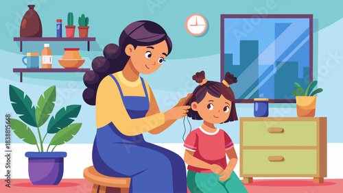 A woman is cutting a child's hair in a kitchen. The child is sitting on a stool while the woman cuts her hair. There is a clock on the wall and a potted plant in the background