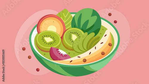 A bowl of fruit salad with a green bowl and a pink background. The bowl contains a variety of fruits including kiwi, banana, and avocado