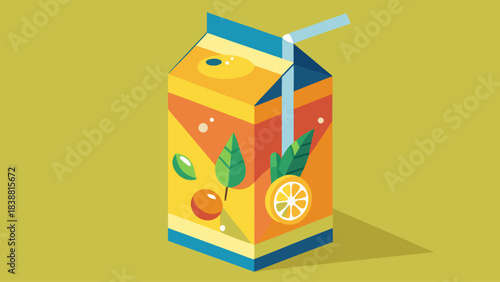 A cartoon of a juice carton with a straw in it. The carton is orange and has a green leaf on it