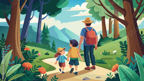 A man and two children are walking through a forest. The man is wearing a backpack and the children are wearing backpacks as well. The scene is peaceful and serene