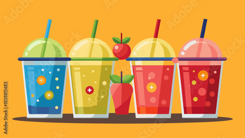 Four colorful drinks with straws in them. One of the drinks has a strawberry on top. The drinks are arranged in a row on a table