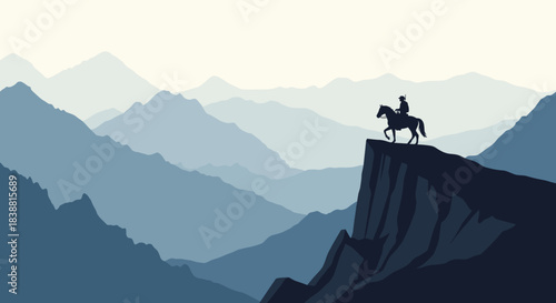 A majestic pixel art landscape of a lone rider on horseback overlooking vast mountains, capturing a sense of adventure and serene solitude.