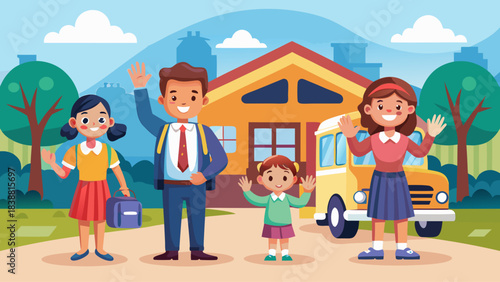 A family of four is standing outside a yellow school bus. The man is wearing a tie and the woman is wearing a skirt. The children are waving at the camera