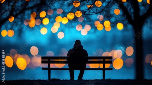 Solitary Figure on Park Bench with Soft Bokeh Lights in Evening Twilight Atmosphere