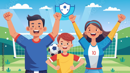 A family of three is celebrating a victory on a soccer field. The man is wearing a blue shirt and the woman is wearing a yellow shirt. The family is holding a soccer ball and a shield