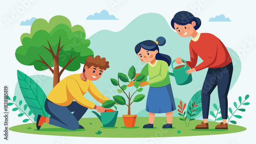 A family is planting a tree together. A man and a woman are kneeling down to help a child plant a tree. The woman is holding a watering can