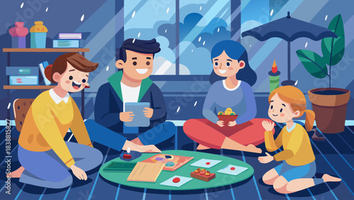 A family of four is playing a board game together in a living room. Scene is happy and relaxed, as the family members are enjoying each other's company and having fun