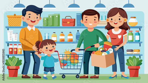 A family of four is shopping in a grocery store. The father is pushing a shopping cart with a child in it, while the mother and two other children are walking around the store