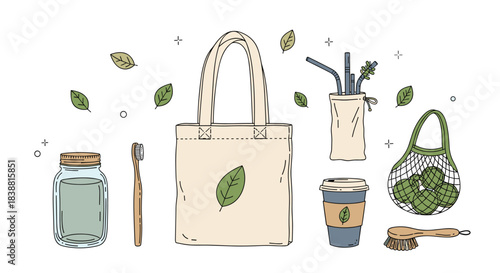 A sustainable zero-waste lifestyle collection featuring a tote bag, glass jar, bamboo toothbrush, metal straws, coffee cup, and mesh bag, for eco-conscious living.