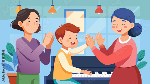 A woman and a boy are playing the piano together. The woman is smiling and the boy is clapping