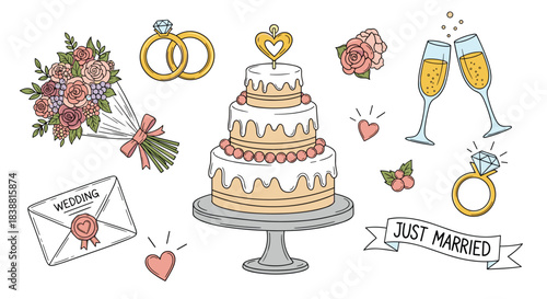 A delightful wedding celebration collection featuring a multi-tiered cake, champagne glasses, bridal bouquet, rings, and love letters.