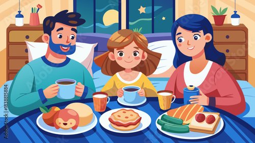 A family of three is sitting at a table with plates of food and drinks. The father is holding a cup of coffee, while the mother and daughter are holding cups of tea. Scene is warm and cozy