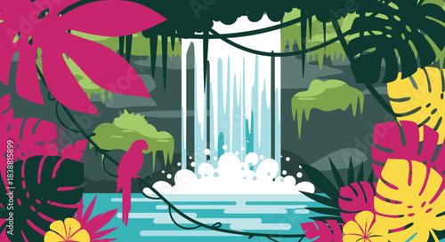 A vibrant tropical jungle landscape with a cascading waterfall, exotic plants, and a colorful parrot, depicting a lush and wild paradise.