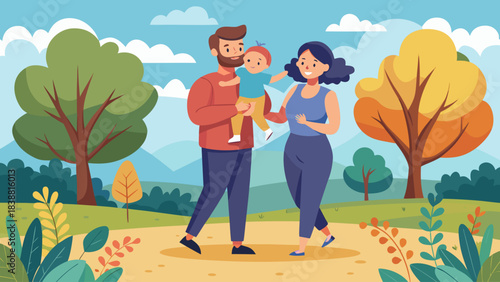 A man and a woman are walking with a child in a park. The man is holding the child while the woman is walking beside him. The scene is peaceful and happy