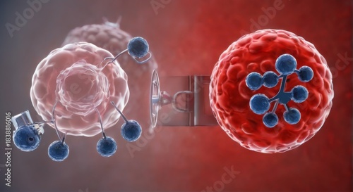 Red Blood Cell with Fe Padlock, Cancer Cell, Blue Spheres, Heartbeat Line, Dark Red Background  Concept of Protection Against Cancer