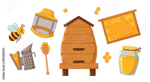 A comprehensive beekeeping set illustration including a beehive, honey dipper, honey jar, protective veil, smoker, bee, and honeycomb.