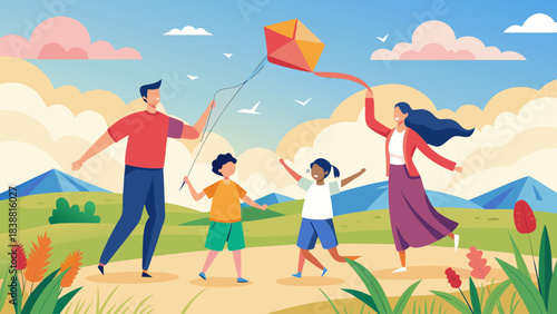 A family is flying a kite in a field. The man is holding the kite while the woman and two children are walking behind him. The sky is blue and there are some clouds in the background