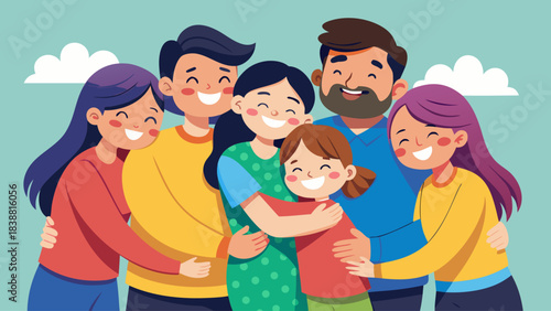 A family of six people are hugging each other, with a man and a woman in the middle of the group. Scene is warm and loving, as the family members are showing affection towards each other