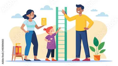 A family of three, a man, a woman and a child, are standing next to a ladder. The man is holding a piece of paper and the woman is holding a child