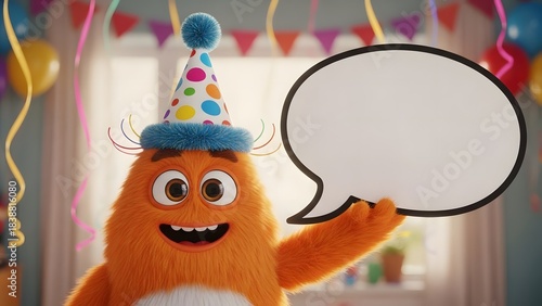 Smiling Orange Fuzzy Monster with Tinsel Party Hat Holding Speech Bubble in Party Room