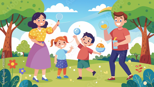 A family of four is playing in a park. The man is holding a balloon and the children are holding balloons as well. The woman is holding a magnifying glass. The scene is bright and cheerful
