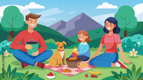 A family is having a picnic in a park. A man is sitting on the ground with a dog next to him. A woman and a child are sitting on a blanket. There are several items on the blanket, including a basket