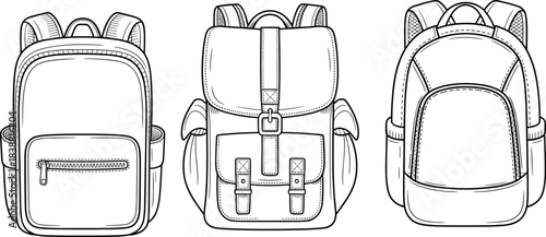 Backpack design sketch front view, buckle and zipper styles, CAD drawing flat vector illustration, bag pattern template, fashion accessory