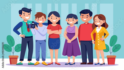 A group of people are standing together, some of them smiling. One person is holding a camera, and there is a potted plant in the background. Scene is friendly and casual