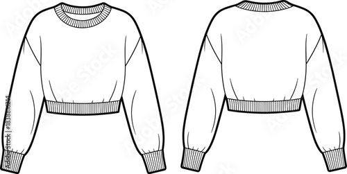 WCropped sweatshirt fashion sketch front and back view, balloon sleeves, CAD drawing flat vector illustration, sewing pattern design
