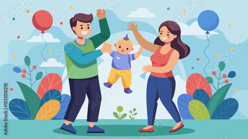 A man and a woman are playing with a baby in a park. The baby is jumping in the air and the man is holding the baby. The scene is joyful and playful, showing the bond between the family members