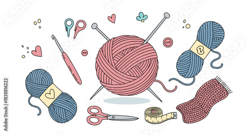 A comprehensive set of knitting and crochet supplies, including yarn balls, needles, hooks, scissors, buttons, and a measuring tape, for craft enthusiasts.