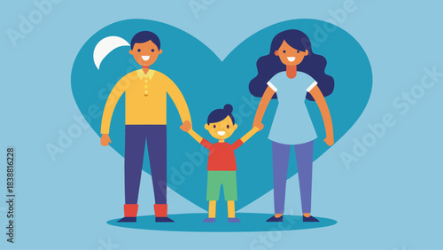 A family of three, a man, a woman and a child, are holding hands and smiling. Concept of warmth and love, emphasizing the importance of family bonds
