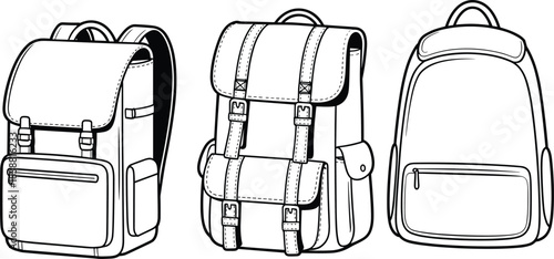 Backpack design sketch front view, buckle and zipper styles, CAD drawing flat vector illustration, bag pattern template, fashion accessory
