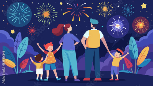 A family of four is standing in front of a fireworks display. The children are excited and the parents are holding their hands. The sky is filled with colorful fireworks, creating a festive atmosphere