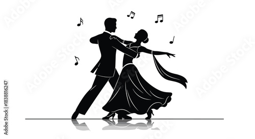 A graceful silhouette of a couple ballroom dancing with musical notes, symbolizing elegance, romance, and the art of dance.