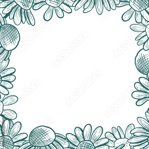A square frame with daisy flowers spilling over the edges. Linear vector border.