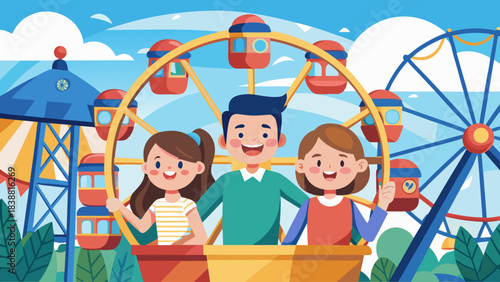 A man and two girls are riding a carousel. The man is smiling and the girls are also smiling. The carousel is surrounded by other rides, including a Ferris wheel. Scene is happy and playful
