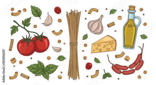 A delicious Italian pasta ingredients collection featuring spaghetti, tomatoes, garlic, basil, cheese, olive oil, and sausages, for a gourmet meal.