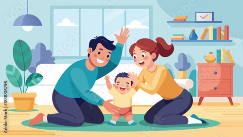 A man and a woman are playing with a baby in a living room. The baby is smiling and the parents are laughing. Scene is happy and joyful