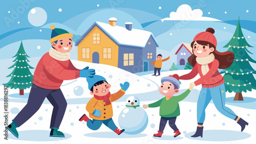 A family is playing in the snow, with a man and a woman helping two children build a snowman