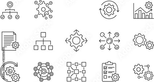 Business communication and teamwork line icons set illustrating collaboration, networking, leadership, organization, workflow, partnership, community building, project management and connectivity conc