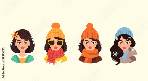 A collection of four diverse female avatars showcasing different hairstyles and winter fashion, representing seasonal style and individuality.